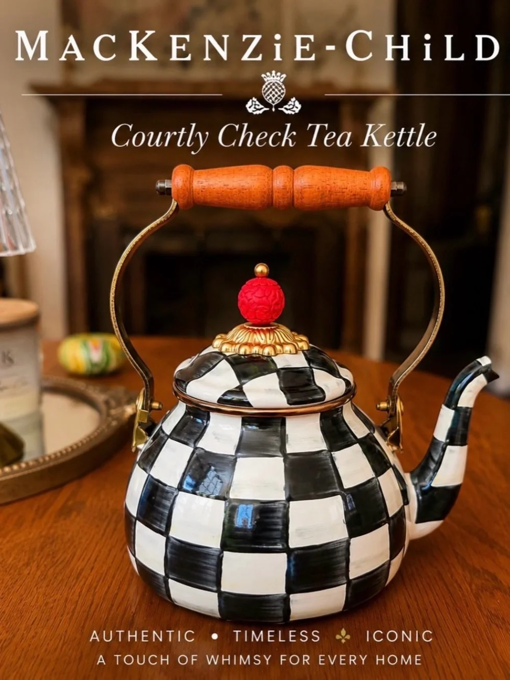 MacKenzie-Childs Courtly Check Tea Kettle in Black, White, Red & Wood-Tone
